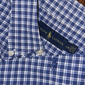 Polo Ralph Lauren Short Sleeve Button Down Oxford Shirt Men's L White Blue Plaid